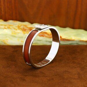 Hermes Jet Leather Bracelet H Clasp in Palladium Metal and Brown Inlay